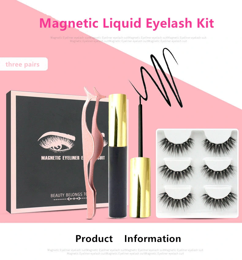 Wholesale OEM Customized Logo No Glue Three Pairs Silk Reusable Magnetic Eyeliner Lashes